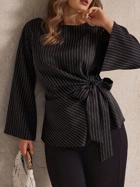 Black Elegant Women's Plus Size Striped Tie-Up Flare Sleeve Casual Shirt